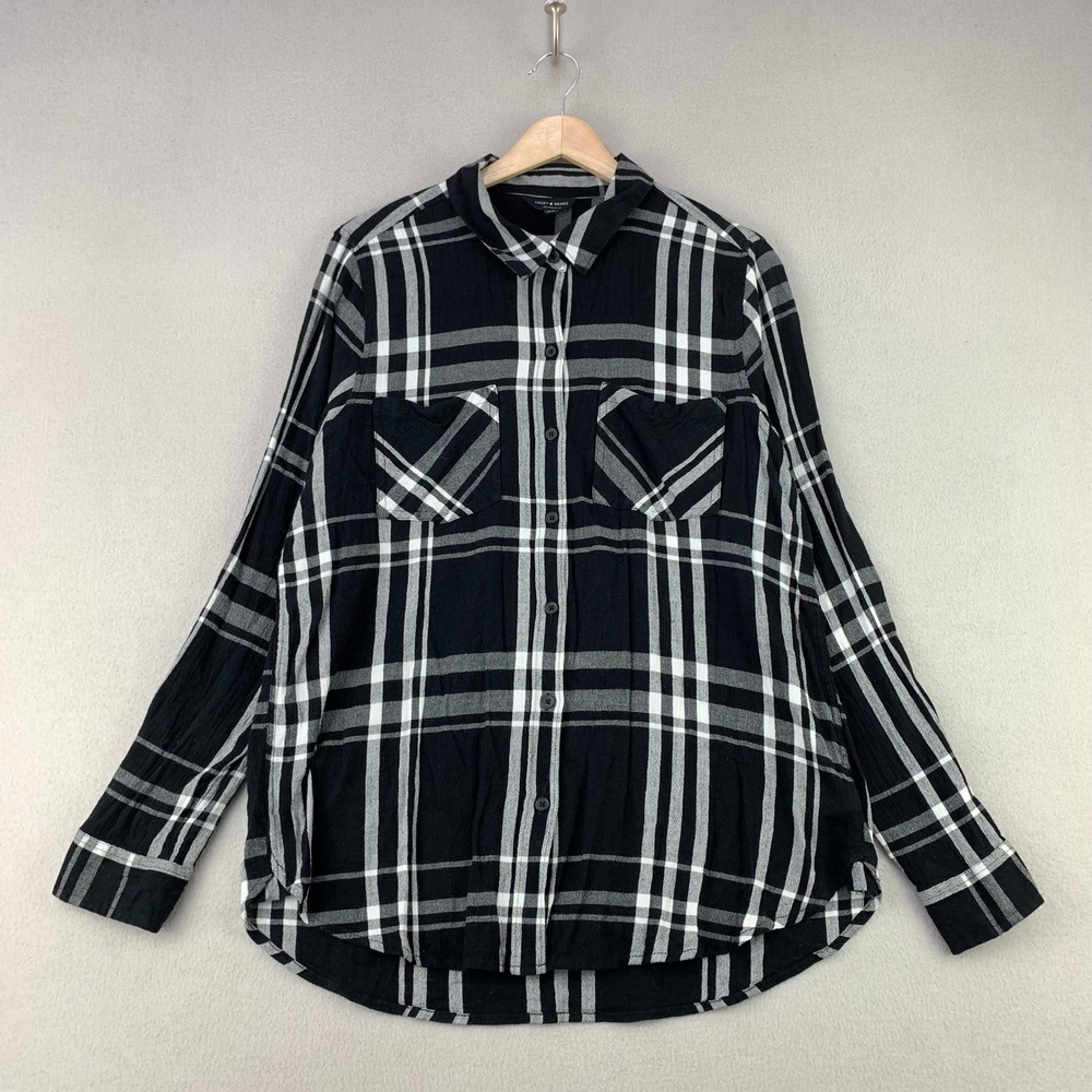 Lucky Brand Plaid Button Up Shirt Women L Black White Casual Long Sleeve